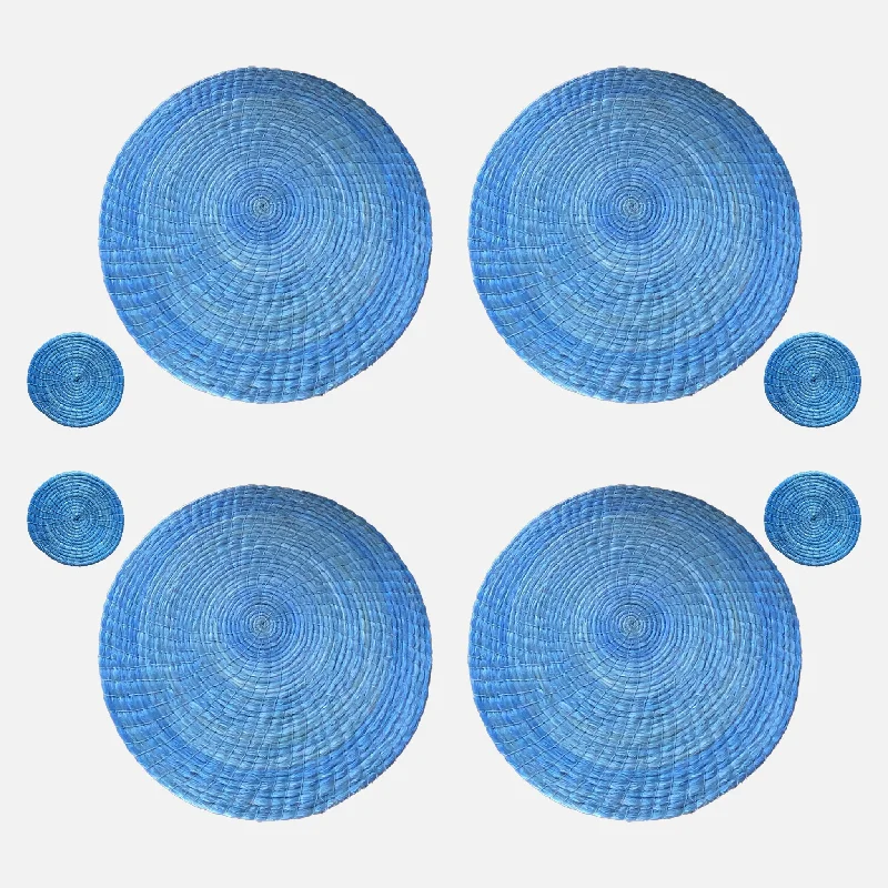 Affordable yoga mats online-BLUE NATURAL PLACEMATS AND COASTERS 8 SET