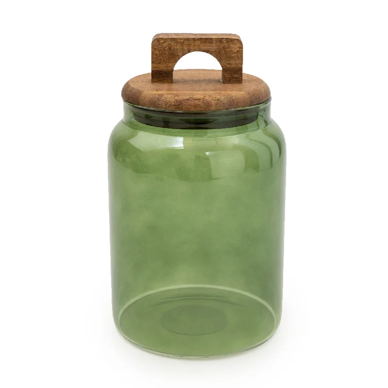 Best dippers for honey-Stylish Green Glass Storage Jar with Chic Wooden Lid