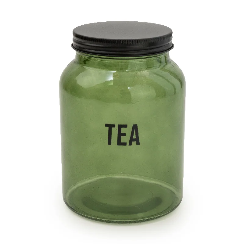 Utensils for campfire cooking-Chic Glass Storage Jar – Stylish Green & Black 'Tea' Design