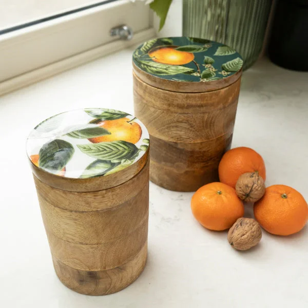 Best tools for veggie dicing-Large Storage Jar Mango Wood with Enamel Inlay Orange Blossom - Green