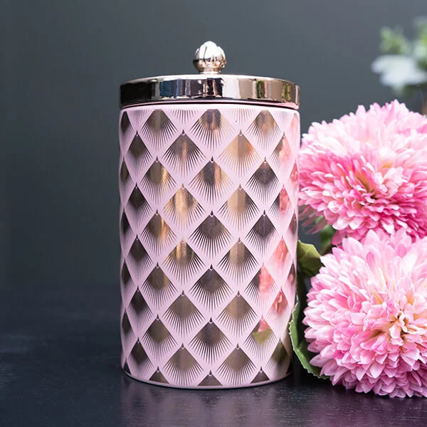 Utensils for big batches-Pink Ceramic Storage Jar with Gold Fan Design