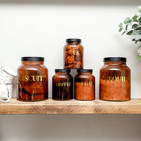 Best tools for grating-Set of Five Vintage Labelled Glass Storage Jars in Amber Gold