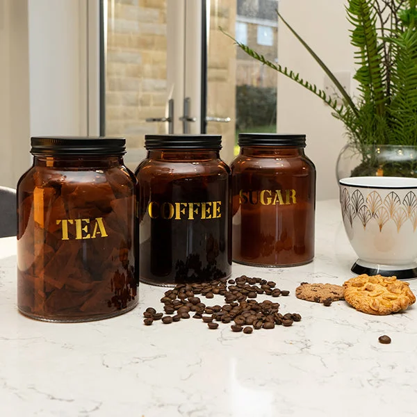 Best tools for oven roasting-Set of Three Vintage Labelled Glass Storage Jars in Amber Gold