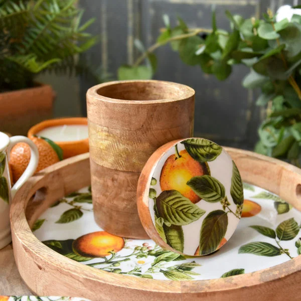 Gadgets for carb-free diets-Small Storage Jar Mango Wood with Enamel Inlay Orange Blossom - White