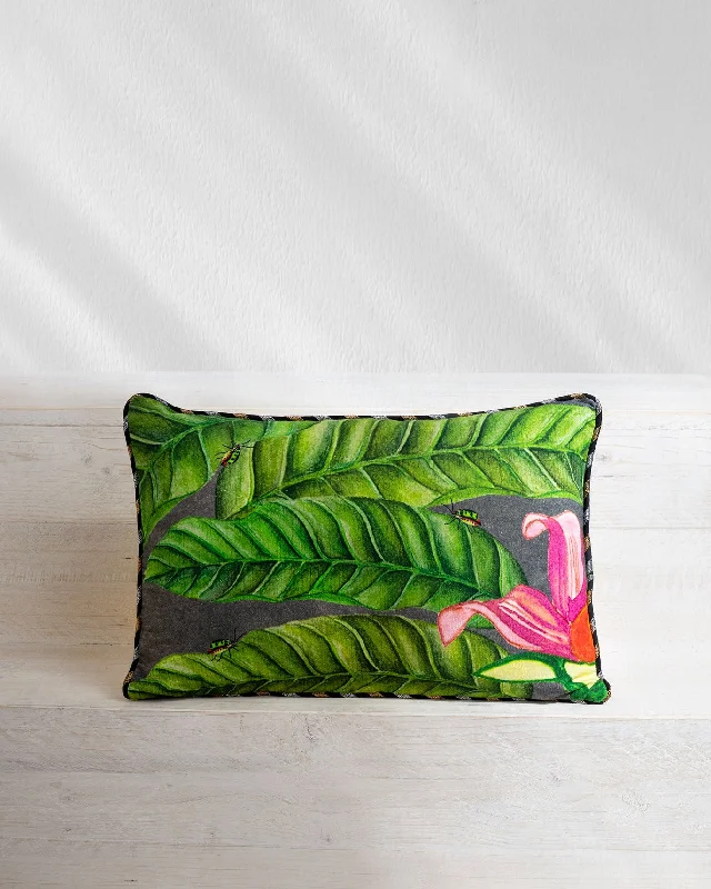 Affordable cushion fillers for chairs-Madagascar Foliage Lumbar Cushion Cover - Charcoal