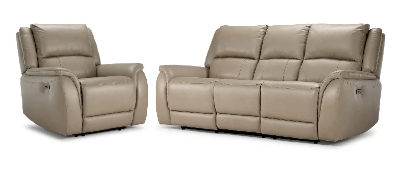 sofa-for-tight-shared-space-Maxton Leather Power Reclining Sofa and Chair Set - Taupe