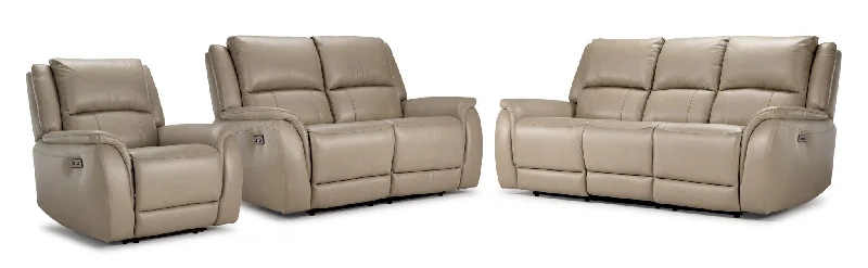 obsidian-velvet-durability-Maxton Leather Power Reclining Sofa, Loveseat and Chair Set - Taupe