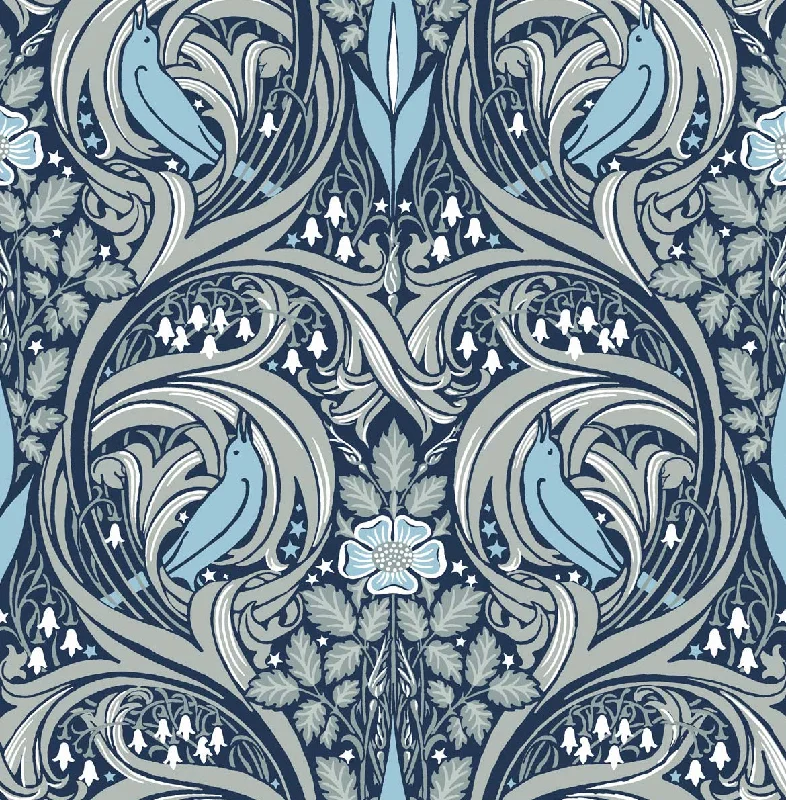 Bird Ogee Prepasted Wallpaper in Navy & Sky Blue