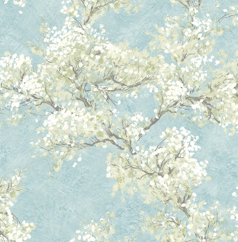 Cherry Blossom Grove Peel-and-Stick Wallpaper in Blue Mist & Green Tea