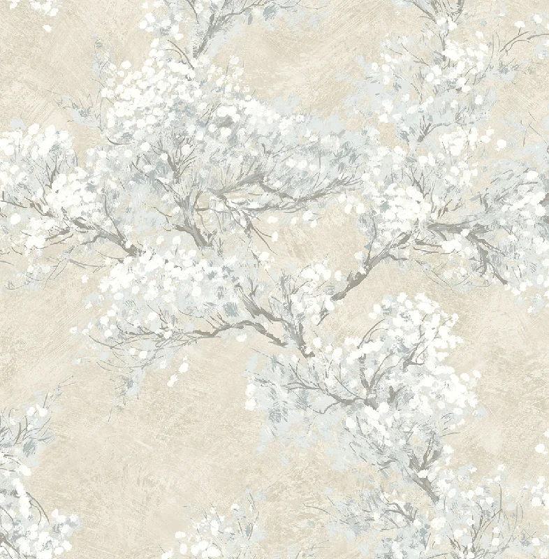 Cherry Blossom Grove Peel-and-Stick Wallpaper in Parchment & Morning Fog