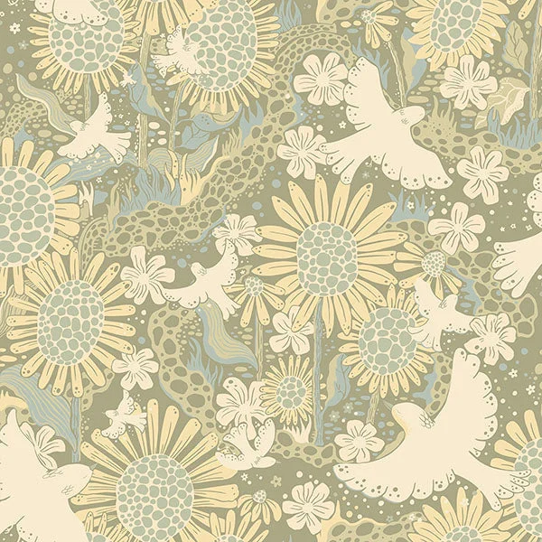 Drömma Sage Songbirds and Sunflowers Wallpaper from Briony Collection