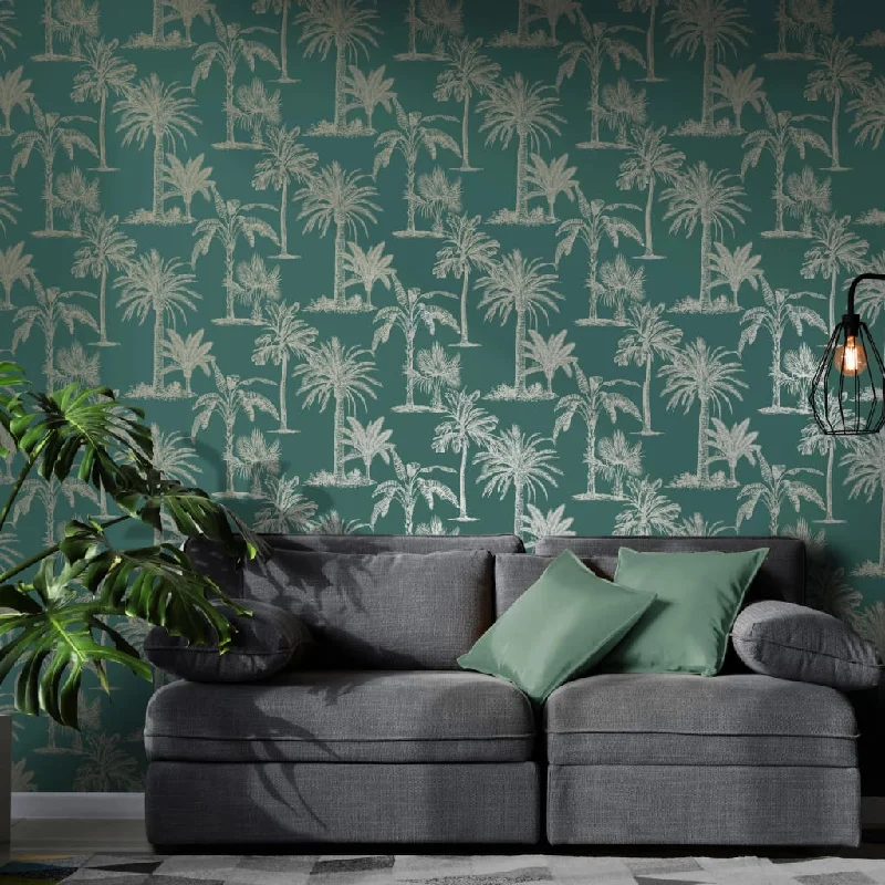 DUTCH WALLCOVERINGS Wallpaper Tropical Trees Teal and Silver