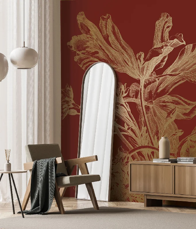 Gold Metallic Wall Mural in Engraved Flowers Bordeaux