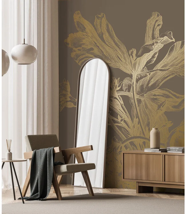 Gold Metallic Wall Mural in Engraved Flowers Brown