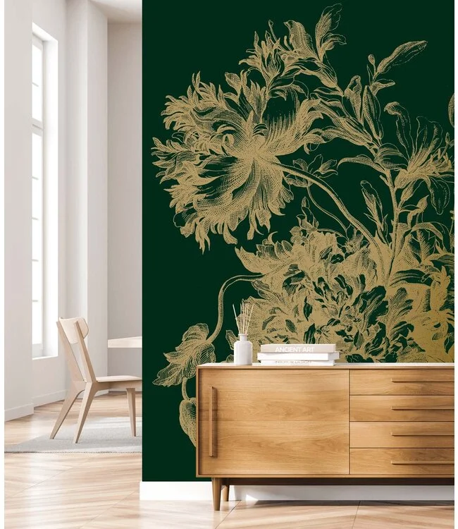 Gold Metallic Wall Mural in Engraved Flowers Green