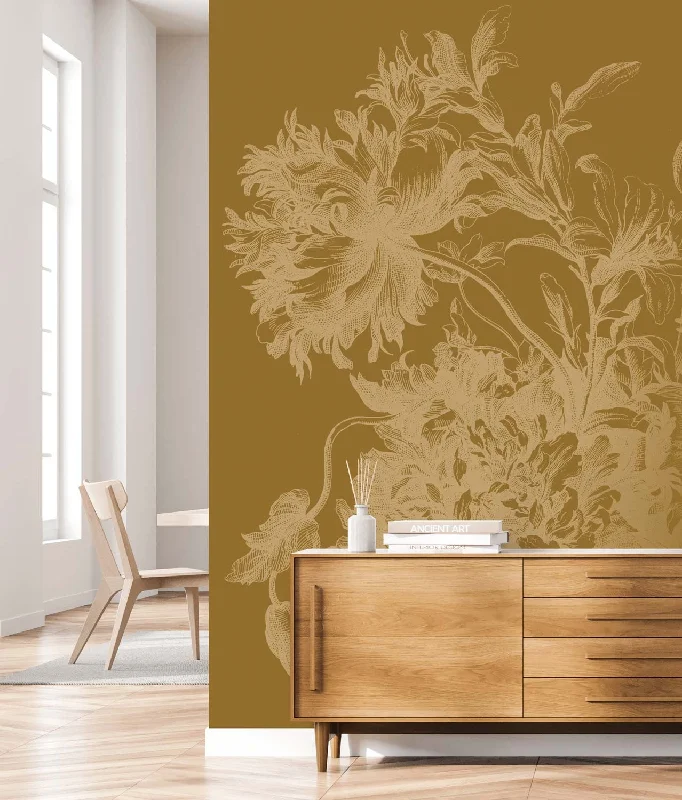 Gold Metallic Wall Mural in Engraved Flowers Ochre