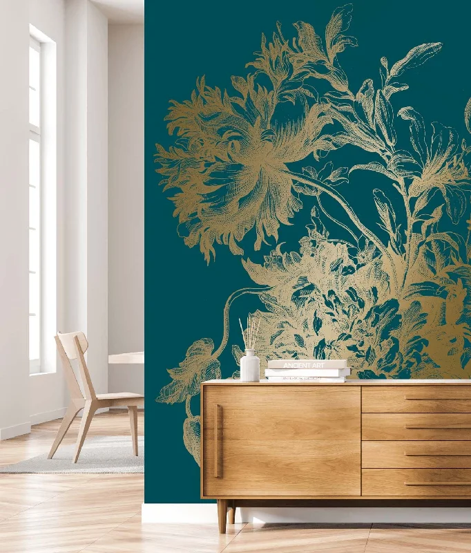 Gold Metallic Wall Mural in Engraved Flowers Petrol