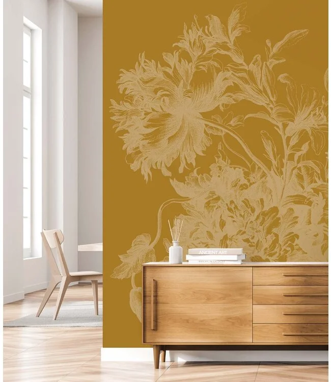 Gold Metallic Wall Mural in Engraved Flowers Yellow