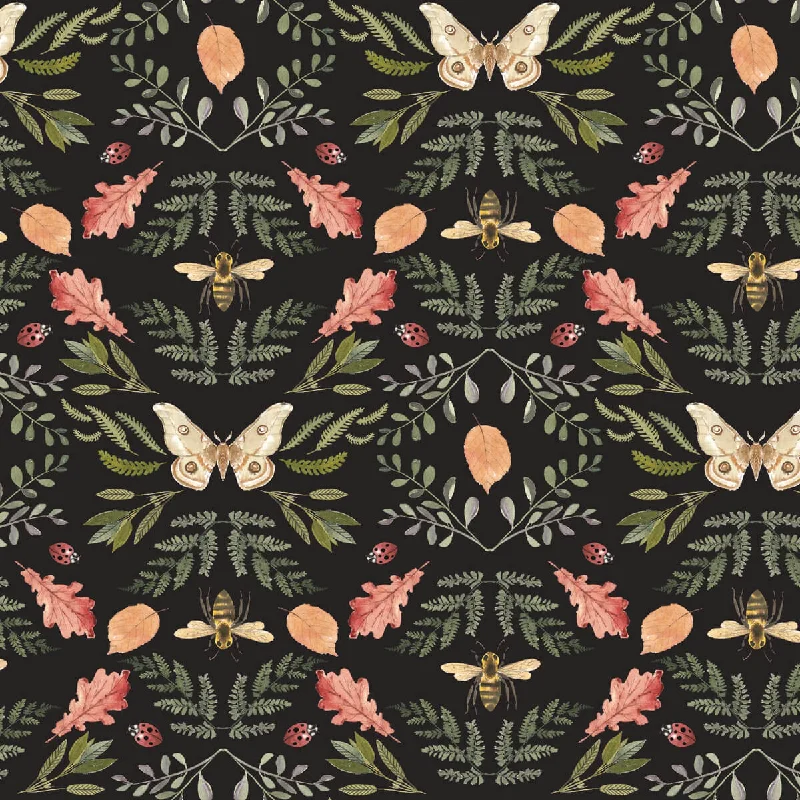 Penny Lane Forest Cottage Bee and Butterfly Wallpaper in Black