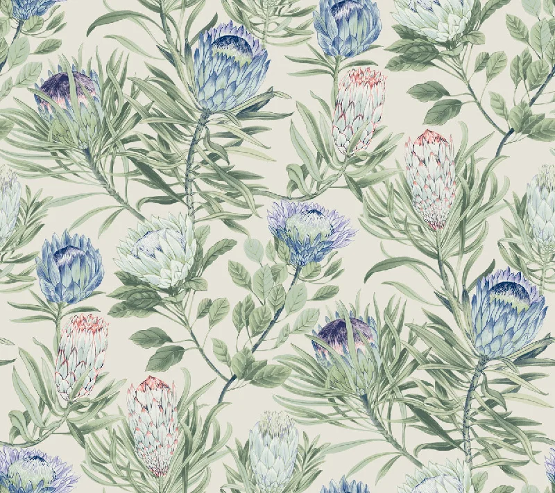 Protea Wallpaper in Cream/Blue from the Blooms Second Edition