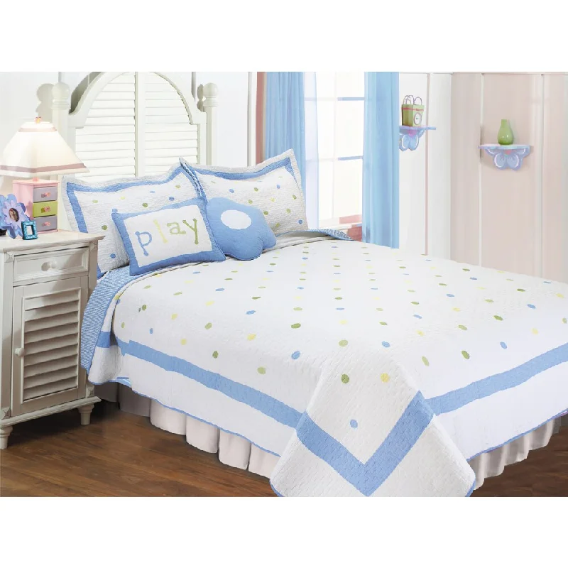 Affordable cushion inserts for beds-Sky Blue Polka Dots 5-piece Quilt Set with Decorative Cushions