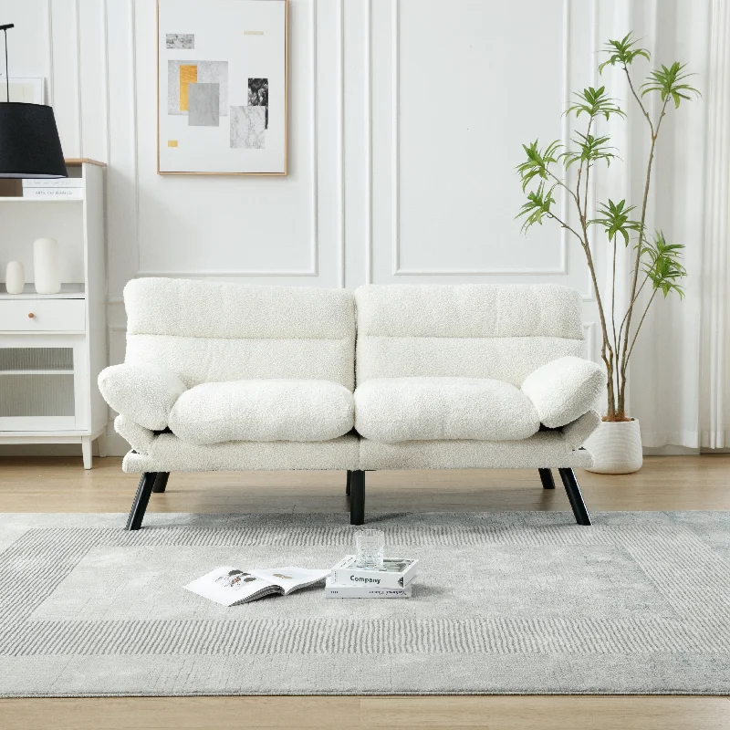 ideal-sofa-for-elderly-UNITED WE WIN 2-Seater Sofa, White Teddy Upholstered Sleeper Sofa with Metal Feet