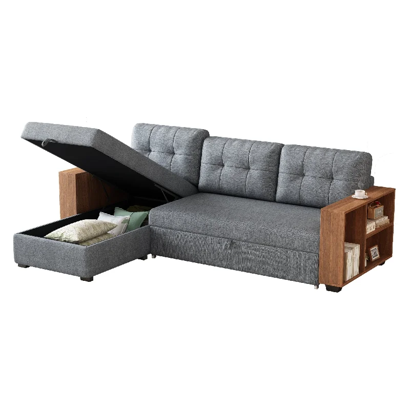 sofa-for-big-dogs-Upholstered Pull-Out Sectional Sofa with Side Storage Tables, Reversible Chaise and Wooden Handrails