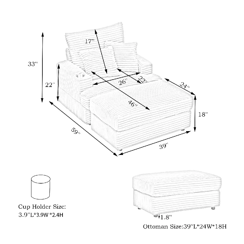 mini-sofa-with-chaise-White 39.37" Corduroy Single Armchair Sofa with Ottoman, Cup Holder