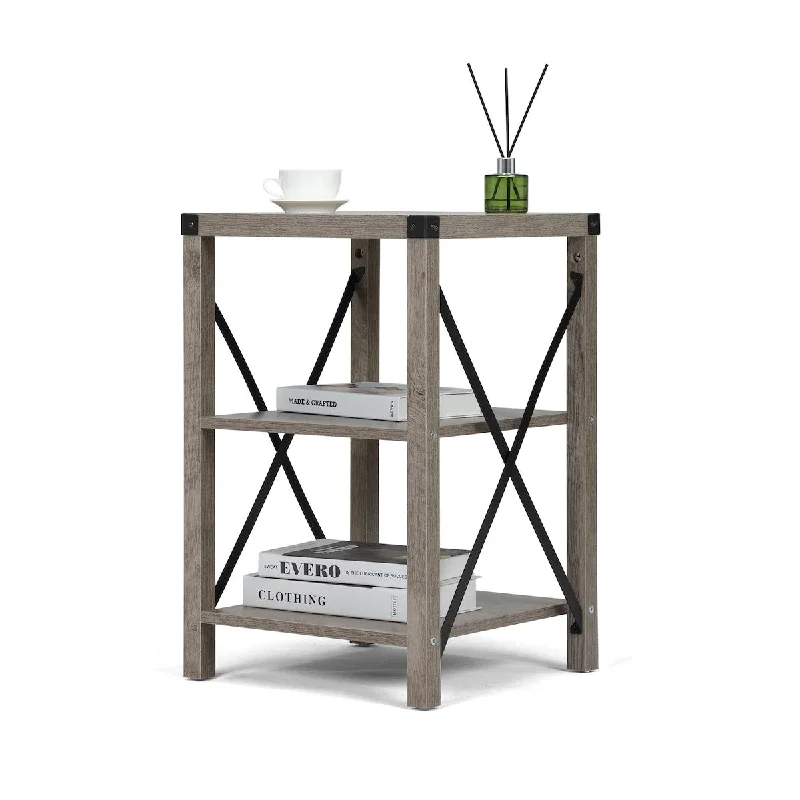 green-sofa-for-sustainability-Gray Wash Farmhouse Square End Table - Wood Sofa Side Table with X-Shaped Metal Support - 3-Tier Storage Shelf