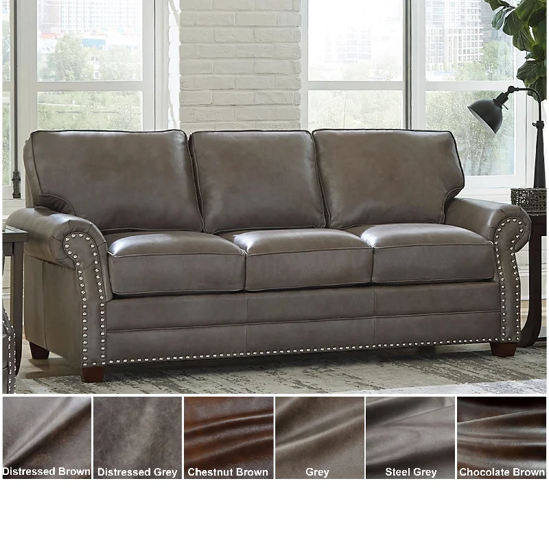 premium-sectional-sofa-Vernon Top Grain Leather Upholstered Nailhead Trim Sleeper Sofa