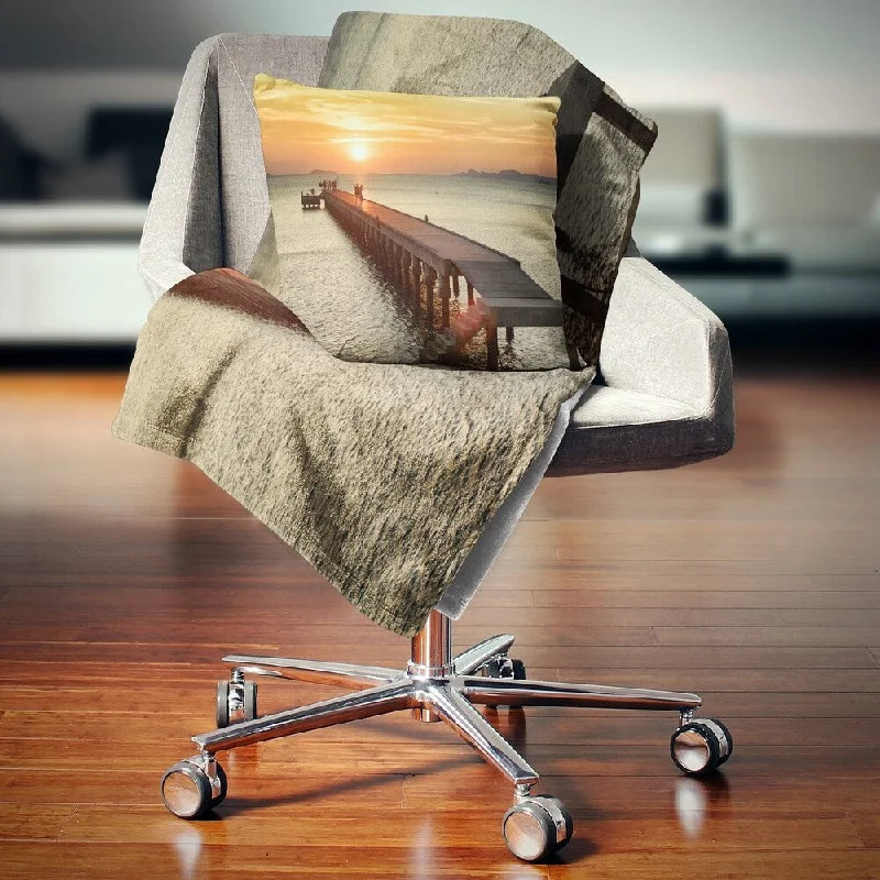 bulk wool throw blanket-Designart 'Boat Pier at Sunset' Bridge Throw Blanket