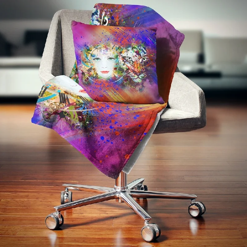 faux fur throw blanket-Designart 'Colorful Tiger and Woman Face' Abstract Throw Blanket