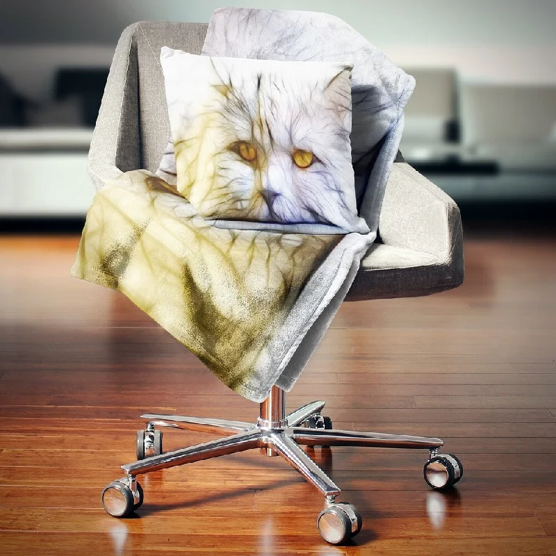 pet friendly cotton throw blanket-Designart 'Cute White Cat Fractal Illustration' Animal Throw Blanket