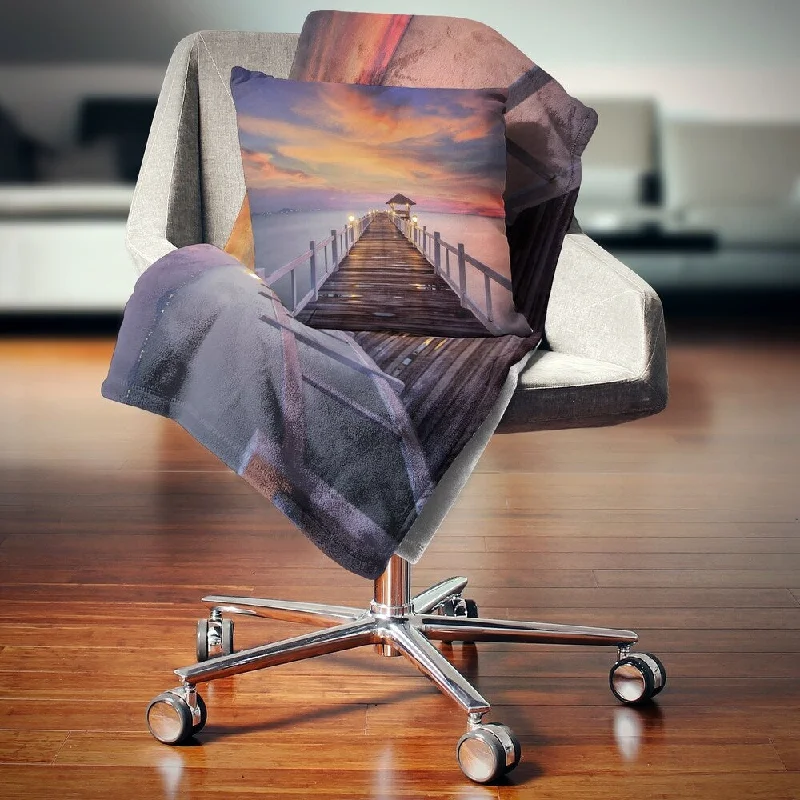 breathable cotton throw blanket-Designart 'Dark Seashore Pier under Colorful Sky' Pier Seascape Throw Blanket