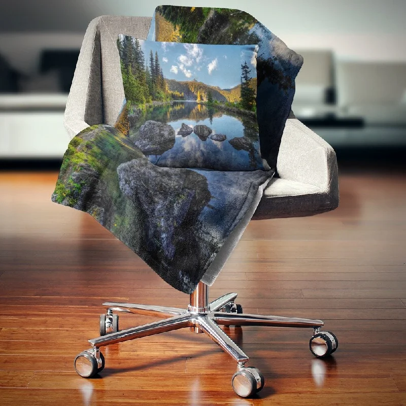 single wool throw blanket-Designart 'Mountain Lake Surrounded by Trees' Landscape Fleece Throw Blanket