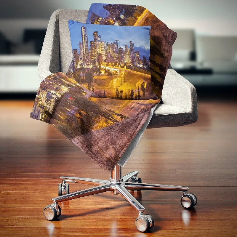 zebra cotton throw blanket-Designart 'Skyline of Calgary at Night Panorama' Modern Cityscape Throw Blanket