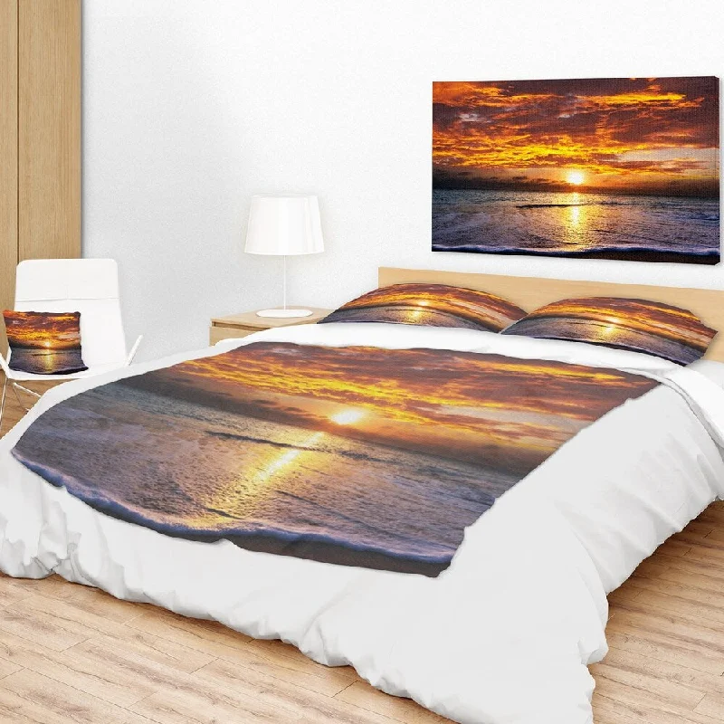 double layer fleece throw blanket-Designart 'Yellow Sunset above Foaming Waves' Modern Beach Throw Blanket